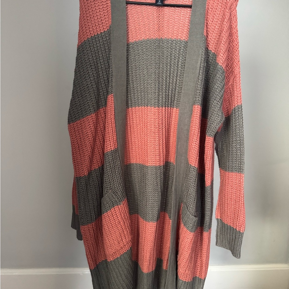 Daytrip Coral and Gray Striped Cardigan